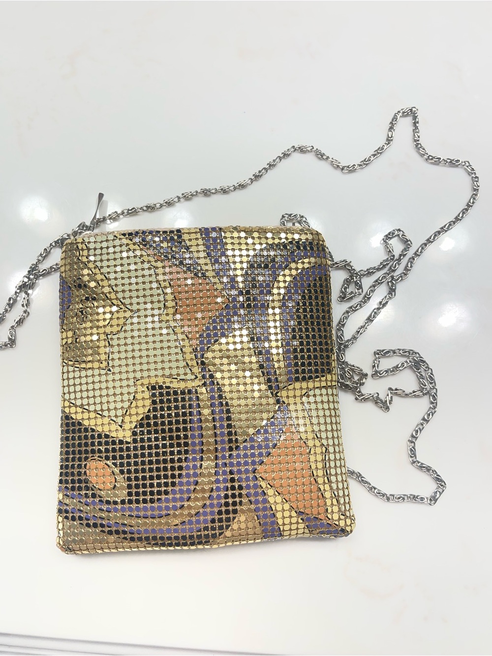 Gold Mesh Crossbody Bag with Abstract Pattern